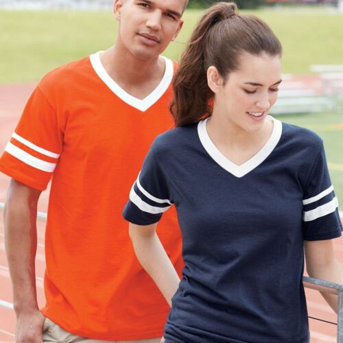 V-Neck Jersey with Striped Sleeves Thumbnail